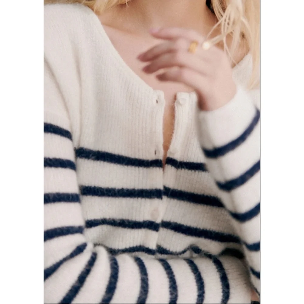 SEZANE Cream Navy Striped Mohair Alpaca Wool Reversible Gaspard Cardigan Sweater - Picture 4 of 17